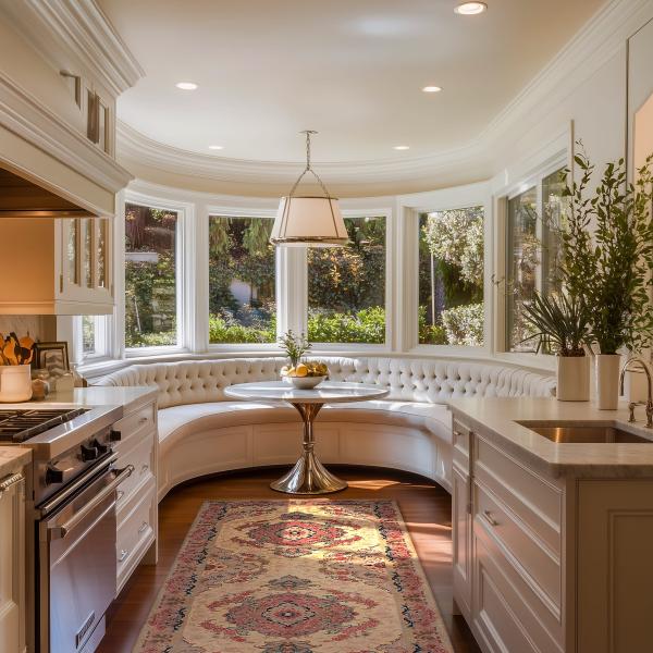 Cozinha clara com tapete Tabriz 50Raj e banco redondo.